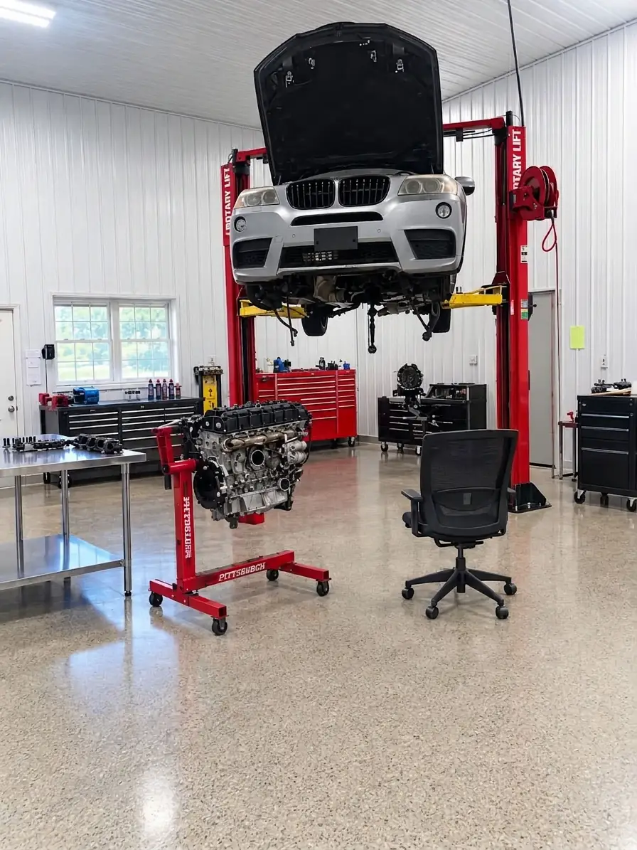 A BMW on a lift with its engine on a stand